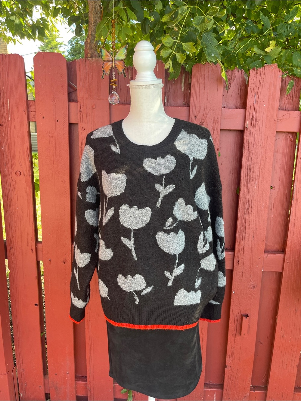 Scotch and Soda Women's Black Floral Sweater with Gray/Silver Tulip with Red